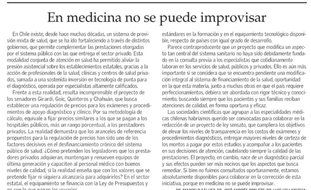 PROYECTO DE LEY QUE BUSCA REGULAR PRECIOS DE EXÁMENES: “EN MEDICINA NO SE PUEDE IMPROVISAR”