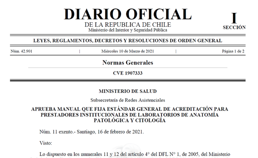 DIARIO OFICIAL: MANUAL DE ACREDITACIÓN PARA LABORATORIOS DE ANATOMÍA PATOLÓGICA